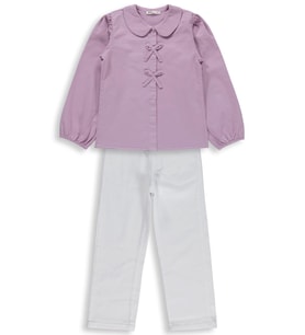 Civil Girls Fiyonklu Gömlek Pantolon İkili 6-9 Yaş Takım - Lila