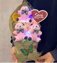 Renkli Led Işıklı Seni Seviyorum Pembe Ayıcıklı Büyük Boy Peluş Ayıcık Buketi (Model 1)