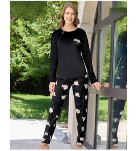 Pijamoni Kadın Kışlık Bisiklet Yaka Likralı Kadife Pijama Takımı 4210/13- 1 Adet (Siyah)