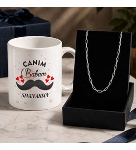 BK Gift Kişiye Özel Babalar Günü Tasarımlı Beyaz Kupa & Ataç Zincir Kolye -3, Babalar Günü Hediyesi