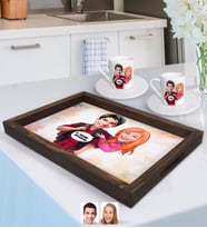 BK Gift Kişiye Özel Sevgililer Karikatürlü Doğal Ahşap Tepsi ve 2’li Kahve Fincan Seti-91