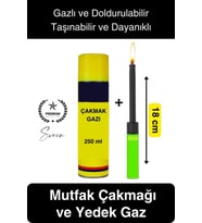 Premium 18 cm Basmalı Uzun Mutfak Çakmağı ve Yedek Gazlı 250 ml Mum Mangal Kamp İçin Normal Alev