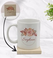 BK Gift Kişiye Özel Çiçek Tasarımlı Beyaz Kupa Bardak ve Ahşap Bardak Altlığı Hediye Seti - Model 26