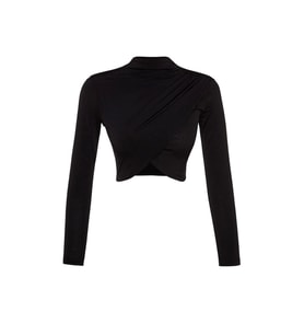 Moda Dik Yaka Örme Slim Düz Desen Şık gece Crop Uzun Kol Bluz (Siyah)