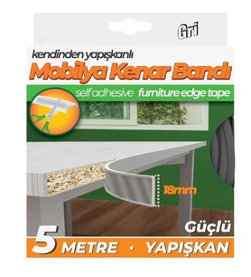 Kendinden Yapışkanlı Masa,Raf,Dolap,Tezgah,Mobilya Kenar Bandı 18mmX5 Metre-Gri