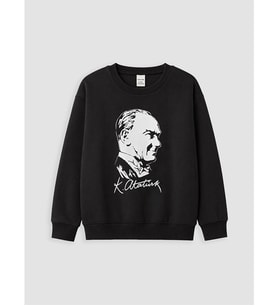 LCW Kids Siyah Atatürk Baskılı Kız Çocuk Kalın Sweatshirt