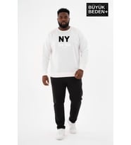 Erkek Büyük Beden NY Newyork Baskılı Bisiklet Yaka ince Sweatshirt SPR26BSW956-15 (Ekru)