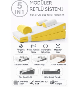 SABY 5 in 1 Modüler Bebek Yatağı – Antikolik - Düz Yatış - 30° Açılı Yatağı (Sarı)