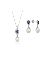 Damla Safir Doğal İnci Sallantı Küpe Kolye İkili Set (Beyaz)