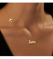 Kişiye Özel Yan Minimal Uçak İsim Kolye 925K Gümüş (Gold)