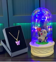 Özel Renkli Led Işıklı Tasarım Fanus ve Mor Kelebek Kolye Hediye Seti (Model 6)