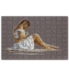 Cakapuzzle Beyaz Elbiseli Dekolteli Sarışın Kadın Puzzle Yapboz MDF (Ahşap) (120 Parça)