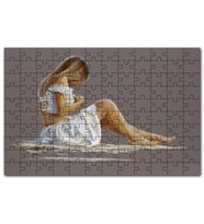 Cakapuzzle Beyaz Elbiseli Dekolteli Sarışın Kadın Puzzle Yapboz MDF (Ahşap) (120 Parça)