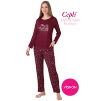 Guava Kadın Bisiklet Yaka Düğmesiz Dökümlü Viskon Mevsimlik Uzun Kol Cepli Pijama Takımı (Bordo)