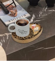 BK Gift Kişiye Özel Retro Motif Tasarımlı Doğal Ahşap Tabaklı Türk Kahvesi Fincanı Sunum Seti Model 6