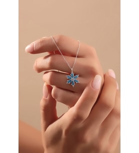 925 Ayar Gümüş Zincirli Aqua Taşlı Lotus Kamelya Yaşam Çiçeği Kolye