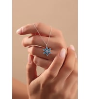 925 Ayar Gümüş Zincirli Aqua Taşlı Lotus Kamelya Yaşam Çiçeği Kolye