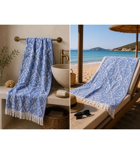 Ege Esintisi Saray Jakarlı Çift Yüzlü Peştemal - Mavi - %100 Pamuk 100x180 cm Plaj, Havuz ve Hamam Peştemali