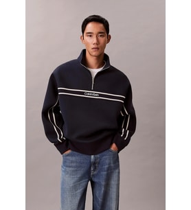 Calvin Klein Uzun Kollu Pamuklu Spacer Çizgili Fitilli Yarım Fermuarlı Erkek Lacivert Sweatshirt LV0