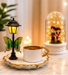 Sokak Lambalı Premium Kahve Fincanı ve LED Işıklı Fanus(oturan çiftli) Seti