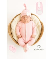 BABYDEN'S 4 'lü Kız Bebek Fitilli Yenidoğan Bebek Tulum Seti %100 Pamuklu Hastane Çıkışı (Pembe)