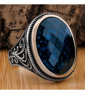 Mavi Oval Zirkon Taşlı 925 Ayar Gümüş Erkek Yüzük