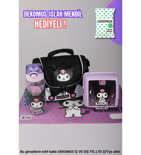 DEKOMUS İLE YENİ SEZON LİSANSLI KUROMI "SHADOW CHIC KOLEKSİYONU" TERMOSLU DERİ BESLENME ÇANTASI,BESLENME ÖRTÜSÜ,TRITAN MATARA 500 ML VE 2 KATLI BESLENME KABI YEMEK SETİ (Siyah)