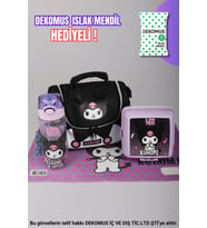 DEKOMUS İLE YENİ SEZON LİSANSLI KUROMI "SHADOW CHIC KOLEKSİYONU" TERMOSLU DERİ BESLENME ÇANTASI,BESLENME ÖRTÜSÜ,TRITAN MATARA 500 ML VE 2 KATLI BESLENME KABI YEMEK SETİ (Siyah)
