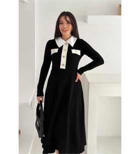 Neşeli butik kadın gömlek yaka düğme detaylı uzun kollu elbise NBK4327 (Siyah)