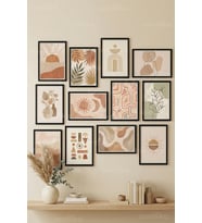 12 Parça Boho Botanik Geometrik 2 Renk Seçenekli Çerçeve Görünümlü Tablo Seti