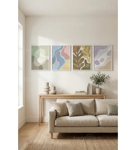 Pastel Tonlarda Modern Soyut Organik Formlar 4’lü Ahşap Çerçeveli Tablo Seti