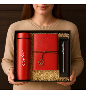 Kişiye Özel Premium Defter Kırmızı Göstergeli Dereçeli Termos Kalem Kutulu Hediye Seti