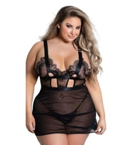 Kadın Siyah Büyük Beden Dantelli Transparan Tül Fantazi Mini Gecelik 8302