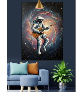 Uzayda Gitar Çalan Astronot Dekoratif Kanvas - Mdf Ahşap Tablo