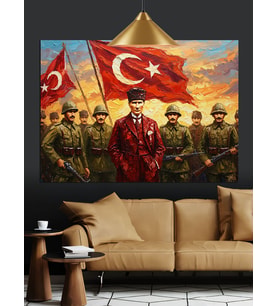 Bayrak Tutan Askerler Ve Atatürk Dekoratif Kanvas - Mdf Ahşap Tablo