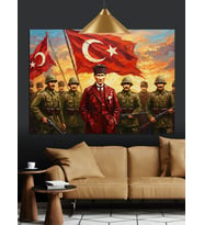 Bayrak Tutan Askerler Ve Atatürk Dekoratif Kanvas - Mdf Ahşap Tablo