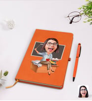 BK Gift Kişiye Özel Kadın Öğretmen Karikatürlü Turuncu Termo Deri Defter Kalem Seti Model 2