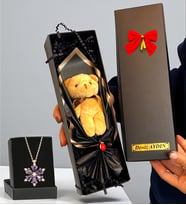 Kişiye Özel İsimli Peluş Ayıcık Buketi ve Gerçek Ametist Taşlı Lotus Kolye