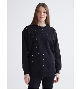 LCW Comfort Siyah Bisiklet Yaka Taşlı Kadın Sweatshirt