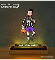 Kişiye Özel Kafasız İskeletlerin Neşeli Cadılar Karikatürlü 14 cm MDF Işıklı Biblo - Kişiye Özel Hediye