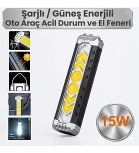 Oto Araç Acil Durum Kamp El Feneri Güneş Enerjli Ledli 15w Şarjlı Mıknatıslı Askılı Su Geçirmez