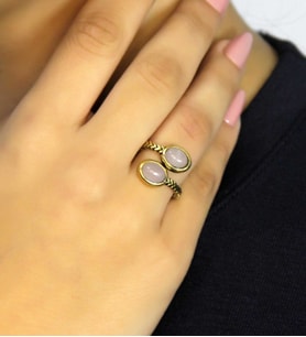 Doğal Taş Pembe Kuvars İkili Doğal Taşlı Antik Model Kadın Ayarlanabillir Yüzük euy75pk