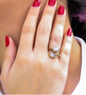 Doğal Taş Pembe Kuvars İkili Doğal Taşlı Antik Model Kadın Ayarlanabillir Yüzük euy75pk