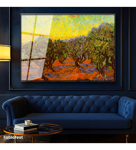 Siyah Renk Metal Çerçeveli Tamperli Cam Tablo Vincent van Gogh Zeytin Ağaçları Tarlası Ressam Tablosu Dekoru