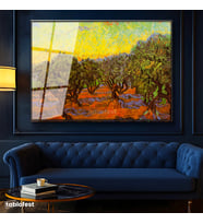 Siyah Renk Metal Çerçeveli Tamperli Cam Tablo Vincent van Gogh Zeytin Ağaçları Tarlası Ressam Tablosu Dekoru