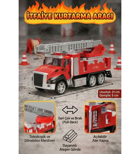 Oyuncak İtfaiye Arabası Çek Bırak Metal Gövde Uzayan Merdivenli İtfaiye Kurtarma Aracı 21 cm