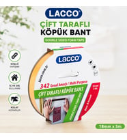 Lacco Çift Taraflı Köpük Bant 18 mm x 5 m Güçlü Yapışkanlı Çok Amaçlı Montaj Bandı Beyaz 1 Adet
