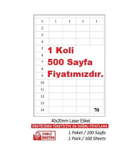 A1 Etiket Lazer Etiket tw-2270 500 A4 Sayfa Lazer Etiket 40 x 20 mm Boyutunda 1 A4 Sayfada 70 Etiket