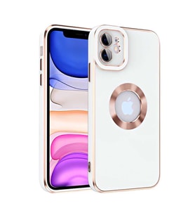 iPhone 11 Kılıf Kamera Korumalı Logo Çevresi Halka Tasarım Lüx Kapak (Beyaz)