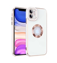 iPhone 11 Kılıf Kamera Korumalı Logo Çevresi Halka Tasarım Lüx Kapak (Beyaz)